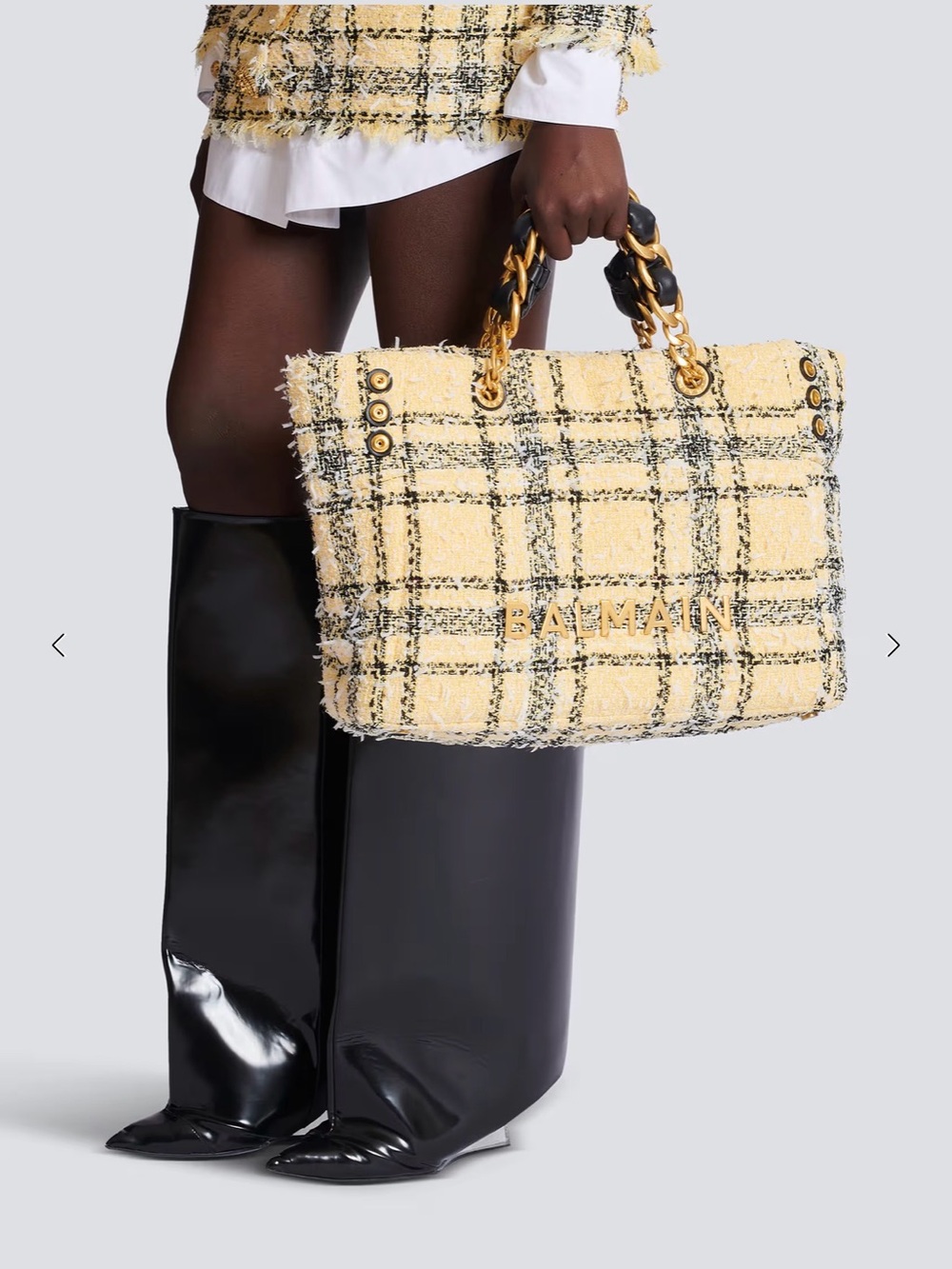 Balmain yellow and black Plaid tweed 1945 tote bag - Picture 2 of 9